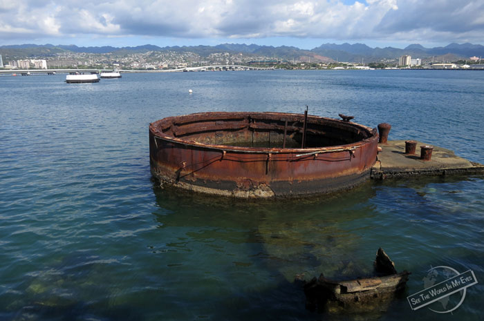 Turret Tower Base of sunken USS Arizona in Pearl Harbor on Oahu, Hawaii Turret Tower Base of sunken USS Arizona in Pearl Harbor on Oahu, Hawaii