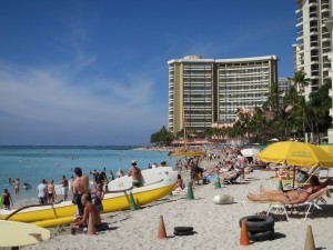 Crowded Waikiki Beach in Honolulu, Oahu, Hawaii Crowded Waikiki Beach in Honolulu, Oahu, Hawaii