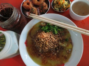 Tasty Noodles with Liquid Yellow Tofu in Shwebo, Myanmar Tasty Noodles with Liquid Yellow Tofu in Shwebo, Myanmar