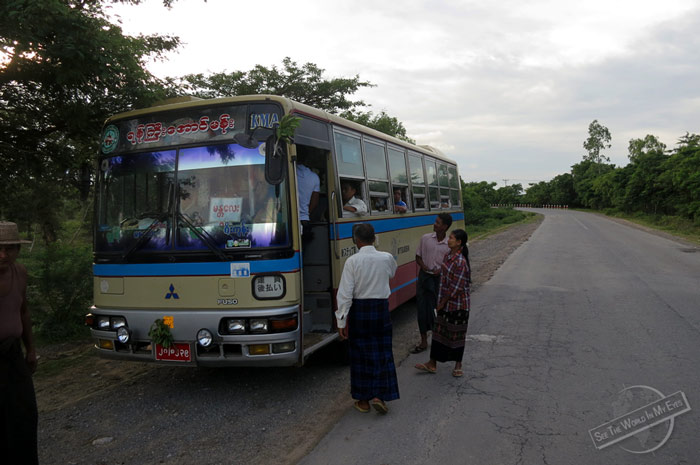 A Right Hand Bus opening the Doors to the Traffic Side in Myanmar A Right Hand Bus opening the Doors to the Traffic Side in Myanmar