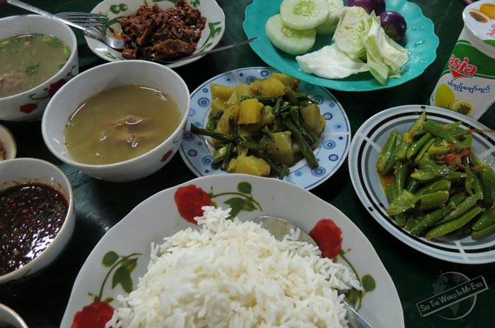 Buffet Style Vegetable Meal on separate Plates in Katha, Myanmar Buffet Style Vegetable Meal on separate Plates in Katha, Myanmar