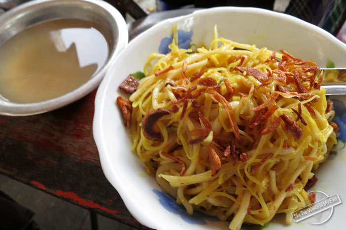 Hand Mixed Noodle Salad with Tofu on the Streets of Yangon, Myanmar Hand Mixed Noodle Salad with Tofu on the Streets of Yangon, Myanmar
