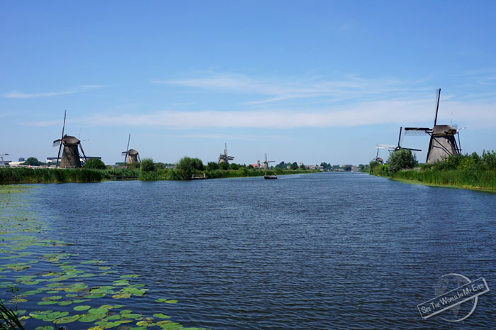 Canal with UNESCO inscribed Windmills at Kinderdijk, Netherlands