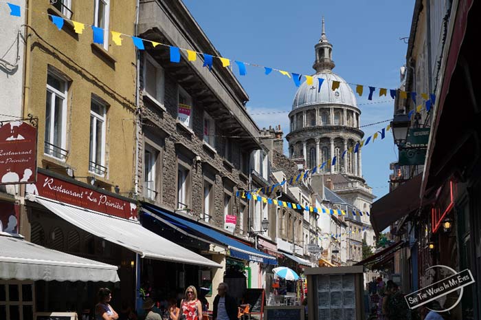 Rue de Lille and Basilica Dome in Boulogne-sur-Mer, France