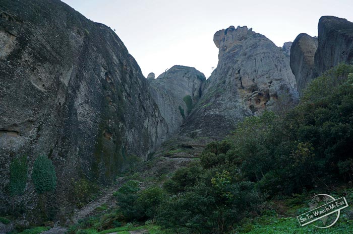 Backside and Hiking Terrain through the Cliffs of Great Saint in Meteora, Greece