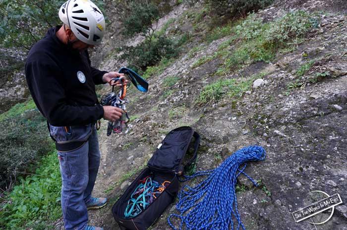 Our Mountain Guide preparing the Equipment for the Hike in Meteora, Greece