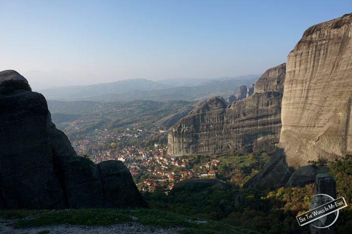 Views down to Kastraki Village between the Rocks of Meteora in Greece